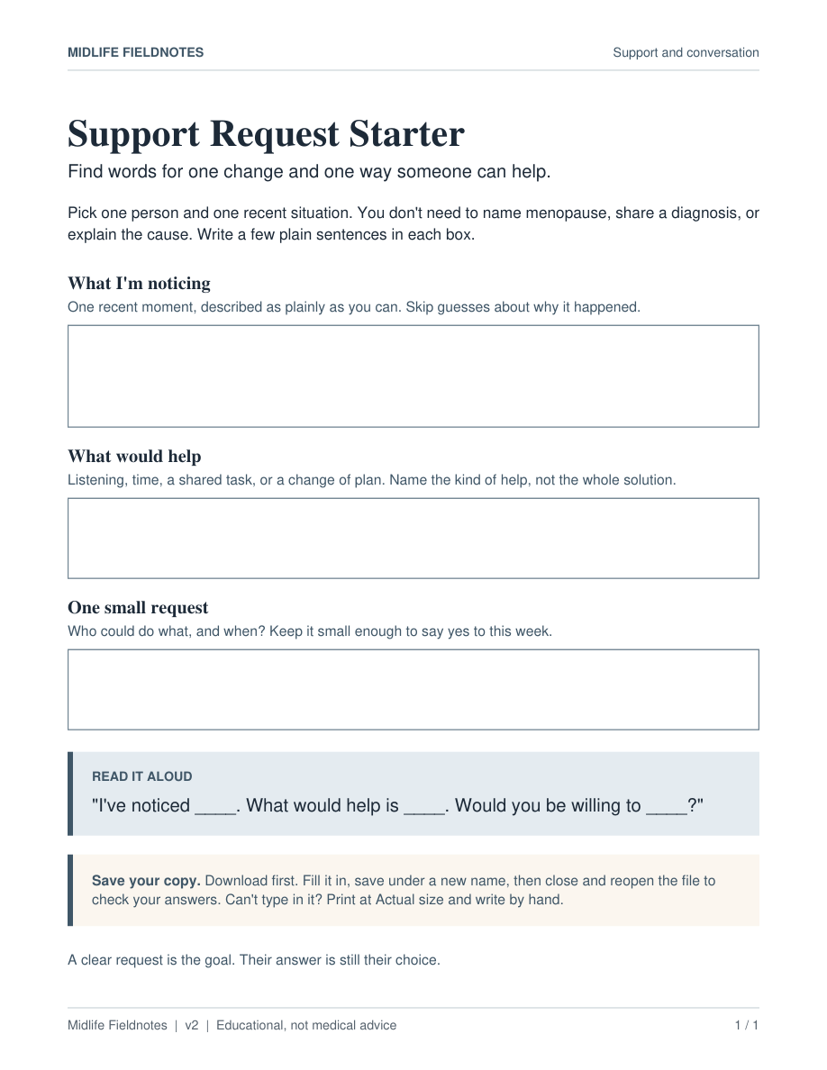 The free Support Request Starter worksheet with three fillable prompts.